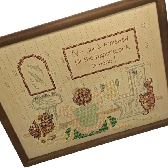 Vintage Finished Framed Cross Stitch No Job is Finished Paperwork Cat Sampler - Picture 3 of 11